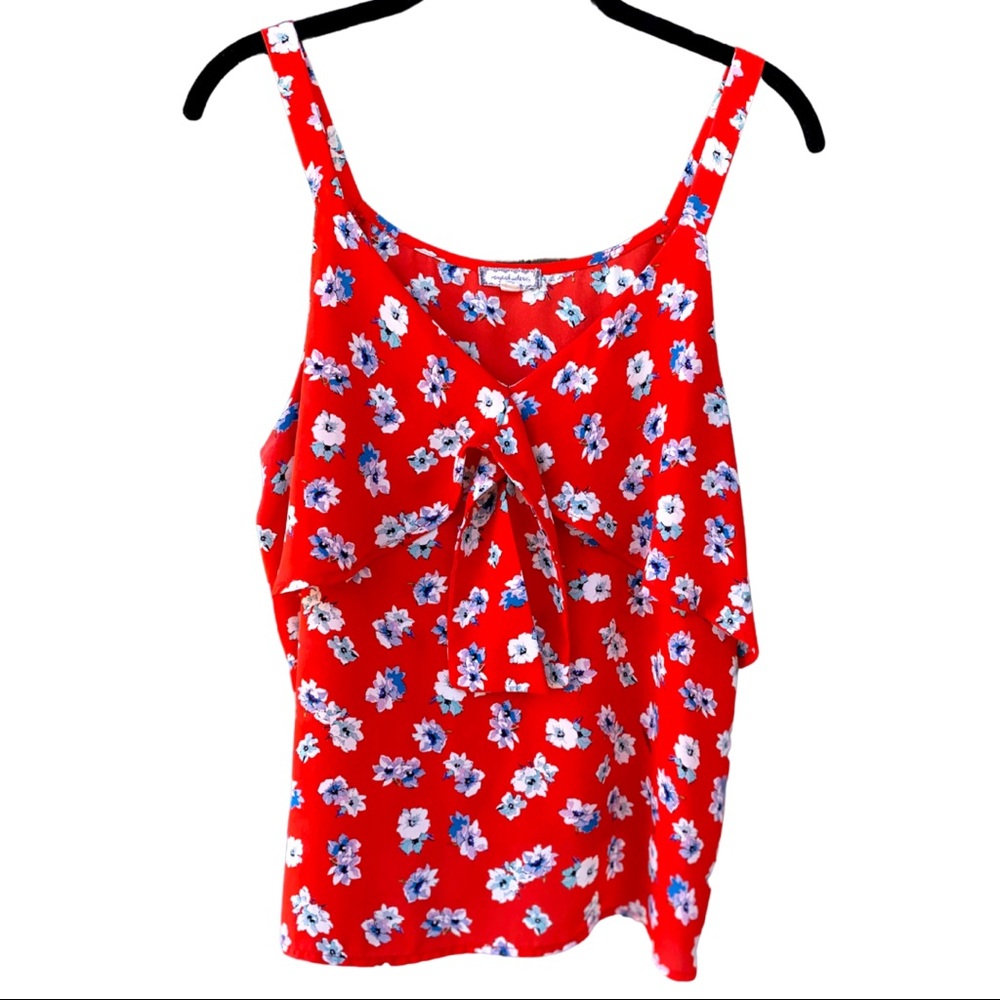 Eyeshadow | Red Floral Tank w/ Flutter Ruffle Detail & Front Tie | Size XL